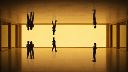 Conceptual mixed media people reflected in inverted reality space. Concept of altered perception, psychological states, abstract thinking, creative experimentation and modern conceptual art use.