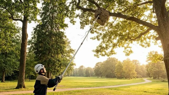 Male pest control worker using a long pole to remove a wasp nest from a tree branch, showcasing insect extermination.