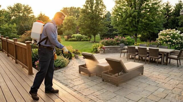 Caucasian man applying pest control spray on patio furniture and exterior for insect and pest prevention.