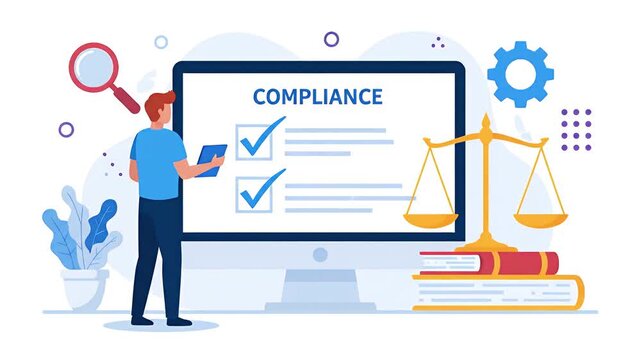 A character reviews a compliance checklist on a computer screen illustration business animated video
