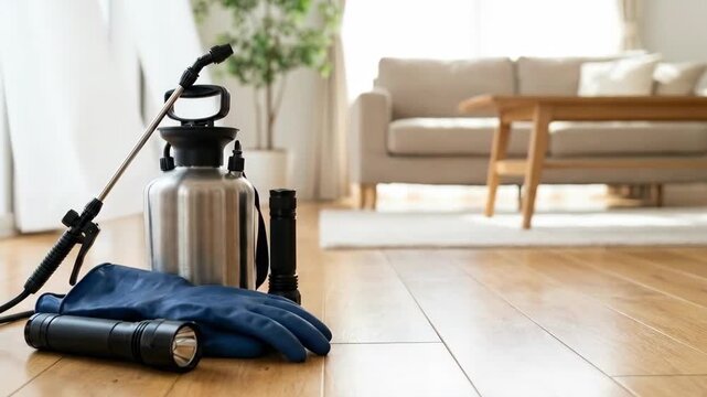 Insect extermination equipment including a sprayer, gloves, and flashlight on hardwood floor in a living room