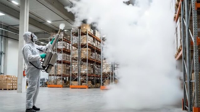Professional male pest control worker in protective suit spraying disinfectant fog in empty industrial warehouse for insect extermination