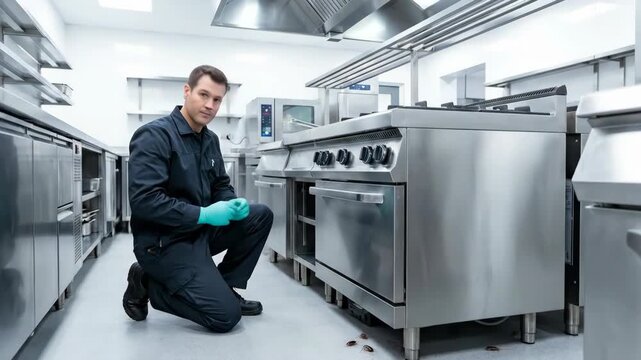 Male pest control worker inspecting kitchen for cockroaches. Disinfestation and extermination service for creepy crawler insects in restaurant.
