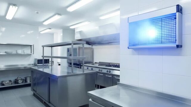 Commercial kitchen with electric fly trap changing colors, pest control device for hygiene and environment safety.