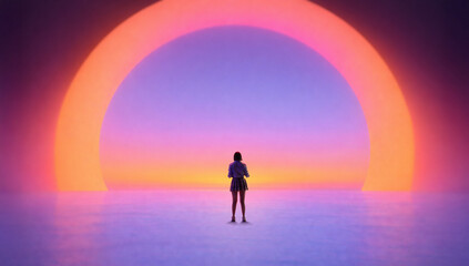 Dreamlike artwork woman standing before glowing abstract arch with calm wonder. Concept of future vision, emotional exploration, surreal environments, modern editorial and creative branding visuals. © Lustre Art Group 