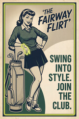 Retro woman golfer stands by bag for golf poster flyer with copy space