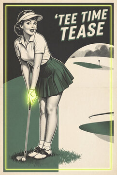 Retro woman golfer ready to putt with copy space for poster flyer