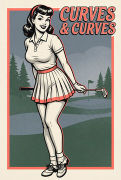 Retro woman golfer poses with copy space for poster or flyer