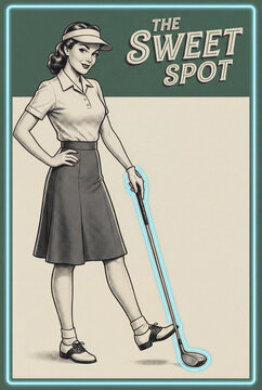 Vintage woman golfer posing for a golf poster flyer with copy space