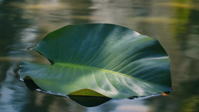 Lotus Leaf Floating on Serene Water Surface.