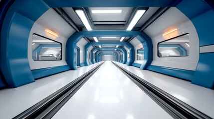 First-person perspective inside a futuristic arcade corridor with smooth blue walls and two train rails embedded in the floor extending into the distance