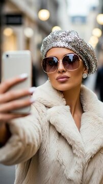 Glamorous young woman in her 20s wearing a silver sequin beret and faux fur coat taking a selfie with her smartphone on a city street
