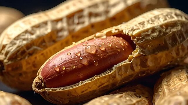 Close-up of peanuts in shells with water droplets shows the texture and freshness of the snack.