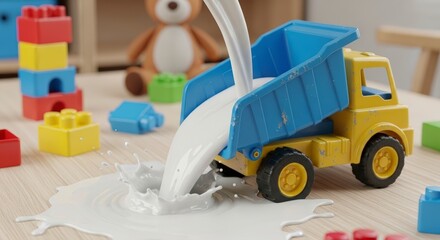 Toy truck pouring water on blocks.
