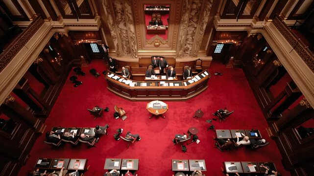 Overhead perspective of a senate chamber filled with seated members, structured geometry, calm civic process in motion, documentary-style realism
