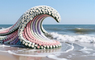 Fototapeta premium Floral wave of daisies and roses curls on sandy shore, blending natures beauty with surreal artistry.