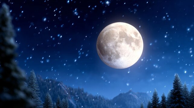 Bright full moon illuminating a deep blue night sky filled with twinkling stars above a tranquil winter forest with gentle snowfall and soft moonlight reflecting on the snow-covered ground