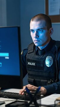 Young Caucasian male police officer in uniform sitting at a desk in a dark office, focused on a computer screen during a night shift investigation