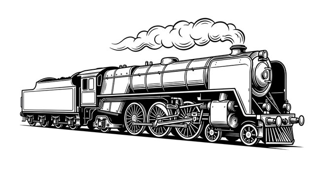 Vintage Black and white steam locomotive train illustration isolated on white background