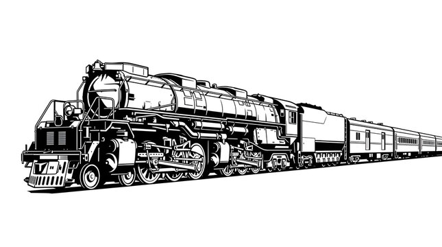 Vintage Black and white steam locomotive train illustration isolated on white background
