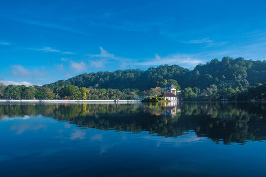 Panoramic Daylight View of Kandy Lake with Sri Dalada Maligawa (Temple of the Sacred Tooth Relic) in the Historic City of Kandy, Central Sri Lanka