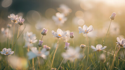 Sunlight streams in brightly. The focus is on the flowers blooming in the field.