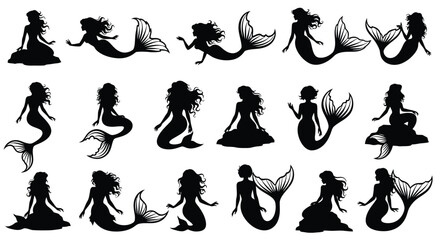 Collection of black silhouette mermaid illustrations