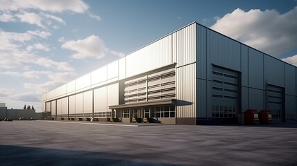 Obraz premium A Large Modern Steel-Panel Distribution Warehouse with Multiple Loading Docks and Clear Sky