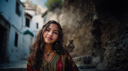 traditional algerian girl in karakou on historic street, young algerian girl wearing chedda in casbah, cultural portrait of a girl in algerian heritage dress