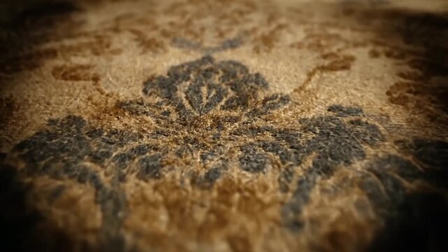 Closeup of golden patterned fabric Floral design in muted tones plush texture