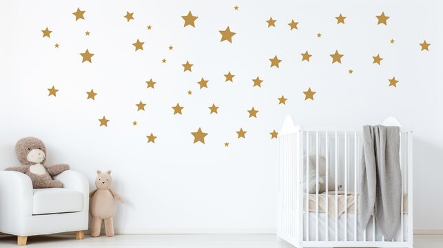 A Modern White Nursery Corner with Gold Star Wall Decor and Cozy Plush Toys