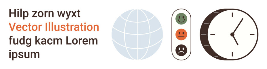 Obraz premium Time management, global communication, feedback evaluation, decision-making, productivity, and organization. Globe, emotion meter with faces analog clock. Time management and global communication