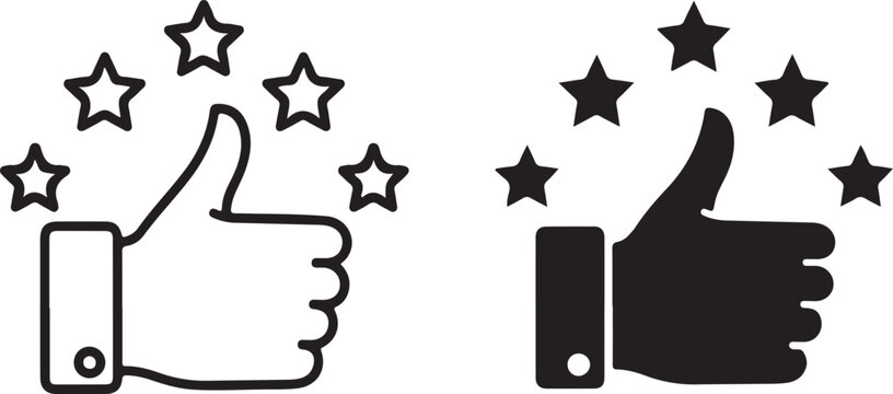 Two thumbs up icons with stars representing positive feedback and approval isolated on white background, illustration