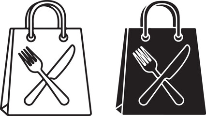 Two shopping bags with crossed cutlery symbolizing food delivery services. isolated on white background, illustration
