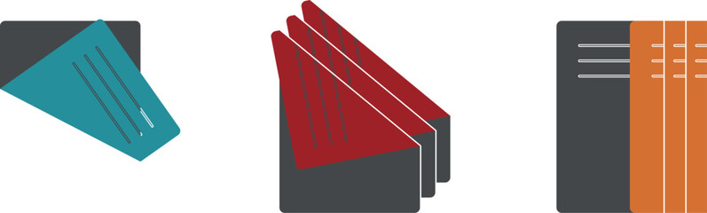 Colored school paper in a fold, office paper with valuable documents, sheets of paper with text, assets and finances, accounting report, vector web icons, printing text on A4 paper.