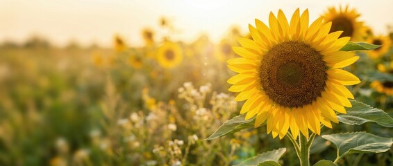 Obraz premium Vibrant sunflower blooms in a lush field nature photography rural landscape golden hour close-up view floral beauty and growth