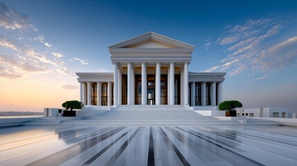 Obraz premium Ancient library of Alexandria with grand columns and steps, captured during sunset, showcasing a clear sky and reflective marble surface in the foreground