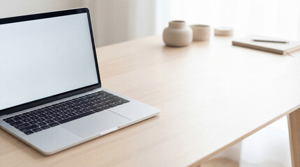 Fototapeta premium Laptop on wooden desk, blank screen. Minimal laptop workspace with copy space for back to office, remote work, cyber monday laptop sale banner, clean home office mood, productivity concept