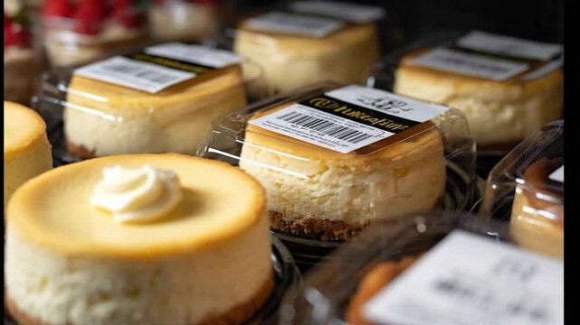 Closeup of mini cheesecakes some topped with cream in plastic containers on a black surface
