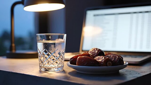 Celebrating Ramadan kareem 2026 with dates and water on a desk near a laptop at night