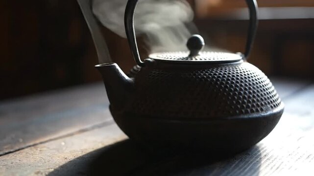 A beautiful, traditional cast-iron teapot, often referred to as a tetsubin, sits gracefully on a rustic wooden table. Delicate plumes of steam gently rise from its spout and lid, creating an inviting 