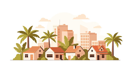 Tropical Cityscape: Houses, Palm Trees, and Downtown Buildings