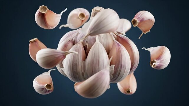 Close-up of fresh garlic bulb and cloves floating in the air against a dark blue background, showcasing its natural