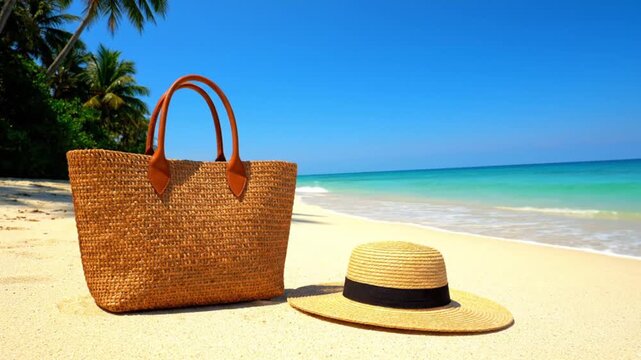 A beautifully composed scene captures a natural woven straw beach bag with elegant brown leather handles, placed beside a stylish straw sun hat, both resting on pristine golden sand. In the vibrant ba