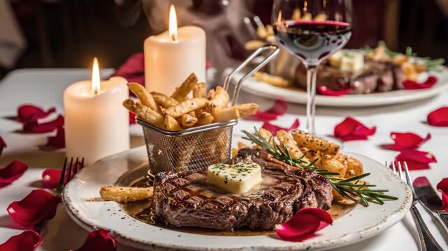 A beautifully prepared gourmet steak dinner is artfully arranged on a pristine white plate, featuring a perfectly grilled cut of meat crowned with a melting heart-shaped pat of fragrant herb butter an