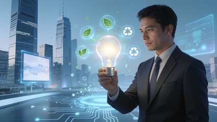 Businessman holding light bulb with icons