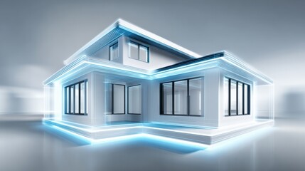 Minimalist 3D house design with glowing electric wire outlines, showcasing a futuristic aesthetic in light blue against a white background, emphasizing intelligent architecture and modern technology