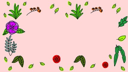 Colorful floral frame doodle on pink background. Vibrant hand-drawn flowers and green leaves border with copy space. Creative botanical illustration for cards, invitations, and spring designs.