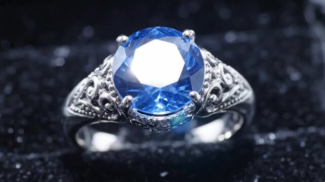 A breathtaking close-up features a magnificent ring, showcasing a brilliant, large blue gemstone meticulously set in an exquisitely crafted silver-toned band. The intricate filigree details on the met