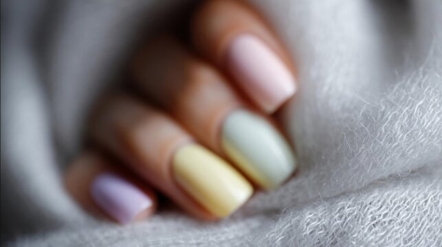Close-up of a person's hand with their fingernails painted in different colors. the nails are painted with a gradient of pastel colors - pink, yellow, and purple.